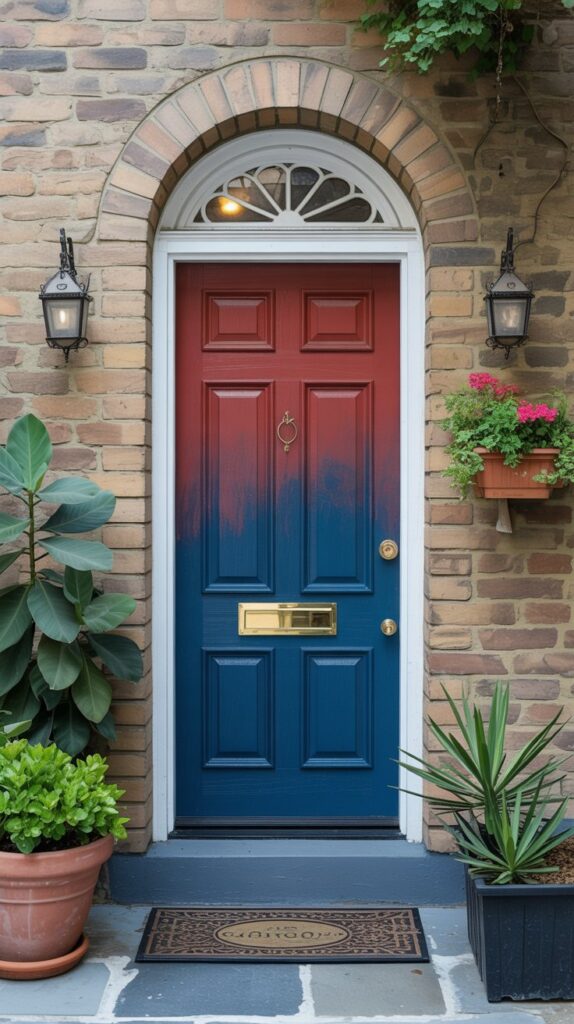 A front door with a gradient paint technique transitioning from red to blue, surrounded by a stone wall and potted plants.