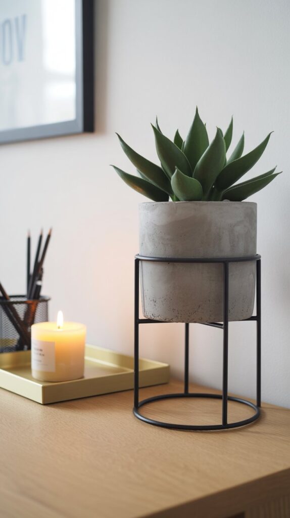 Minimalist workspace with a gray concrete planter on a black metal stand next to a wooden desk holding a notebook, white candle, and gold pen tray with black pens. Soft natural light highlights the clean lines and calm, structured atmosphere against a light gray wall.