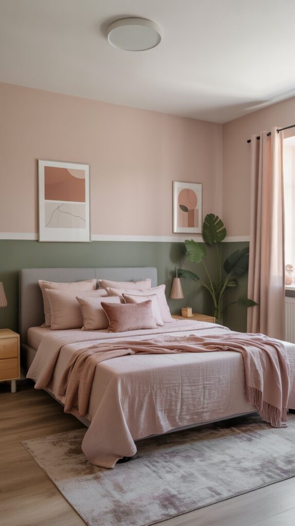 Modern bedroom with blush pink and sage green two-tone walls, featuring a queen bed with a light gray upholstered headboard and dusty pink linen bedding. Two abstract terracotta and white art prints hang above the bed. A monstera plant in a white pot and a pink pendant light add warmth, while a wooden nightstand, gray rug, and pink curtains complete the cozy, stylish look.
