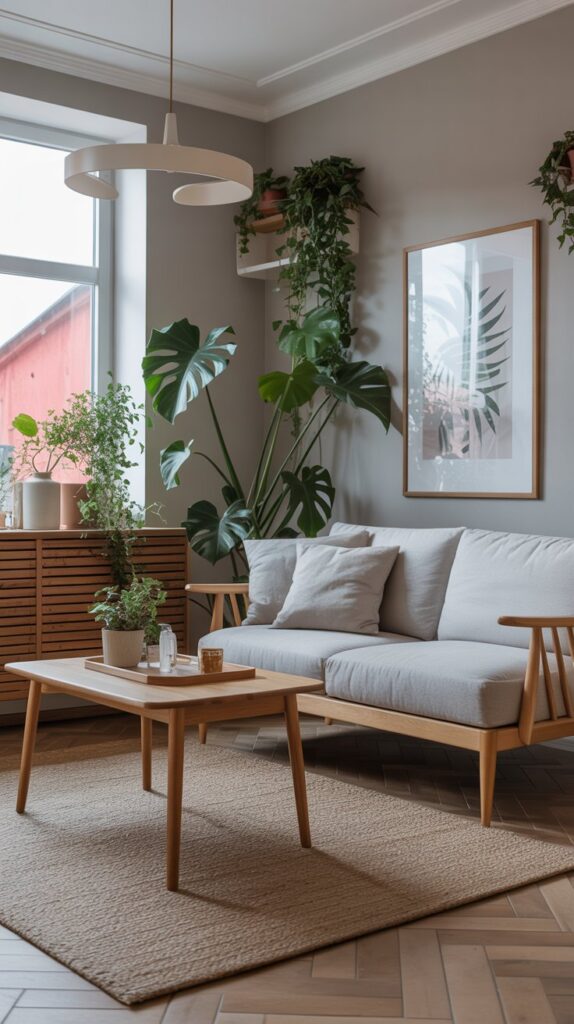 A modern Scandinavian living room featuring a gray sofa, wooden furniture, and plants.