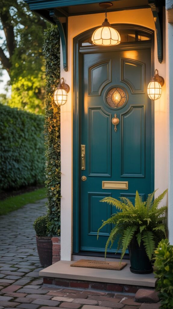 A warmly lit front door with a pendant light and wall sconces, creating an inviting entryway.