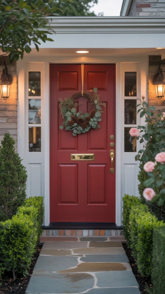entryway makeover design elements A beautifully renovated suburban front entrance featuring a vibrant red door with brass hardware and a eucalyptus and pinecone wreath. Neatly trimmed boxwood hedges line a stone pathway leading to the door, flanked by warm-toned wall sconces. Blooming roses are visible in the background, with soft sunlight creating a warm, inviting atmosphere.