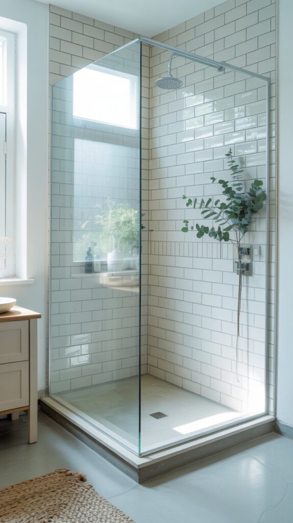 A bright and airy Scandinavian-style bathroom featuring a glass shower, white tiles, and minimal decor.