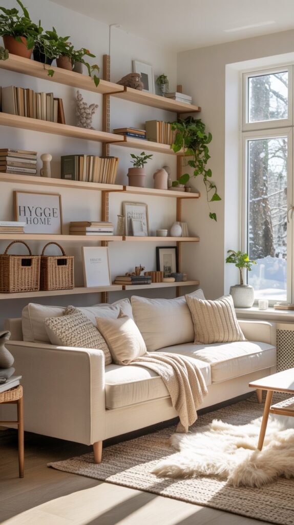 A Scandinavian living room with functional storage solutions, featuring wooden shelves and woven baskets.