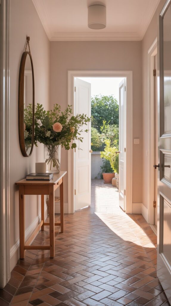 entryway organization flooring materials A bright and welcoming entryway with pale violet-toned off-white walls and a warm pine console table. The floor features patterned porcelain tiles in a herringbone design, reflecting soft natural light. A modern mirror hangs above the table, which holds a vase of fresh flowers. Sunlight adds a calm, elegant ambiance to the sophisticated space.