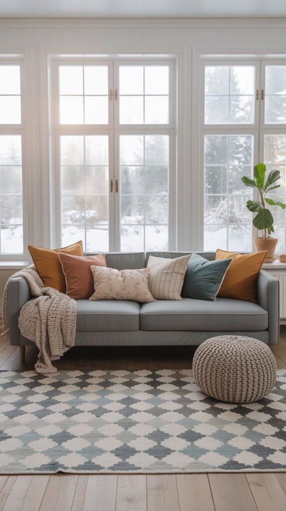 A bright Scandinavian living room featuring a cozy sofa with patterned pillows, a knitted pouf, and a decorative rug.
