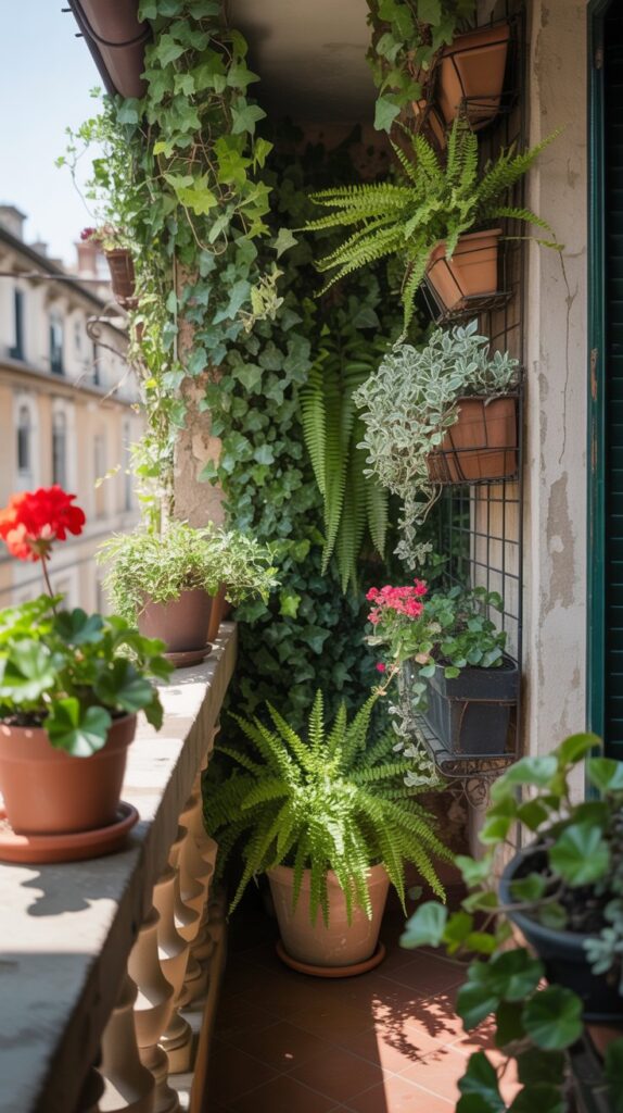 A balcony with vertical gardening featuring various green plants in pots and climbing on a wall.