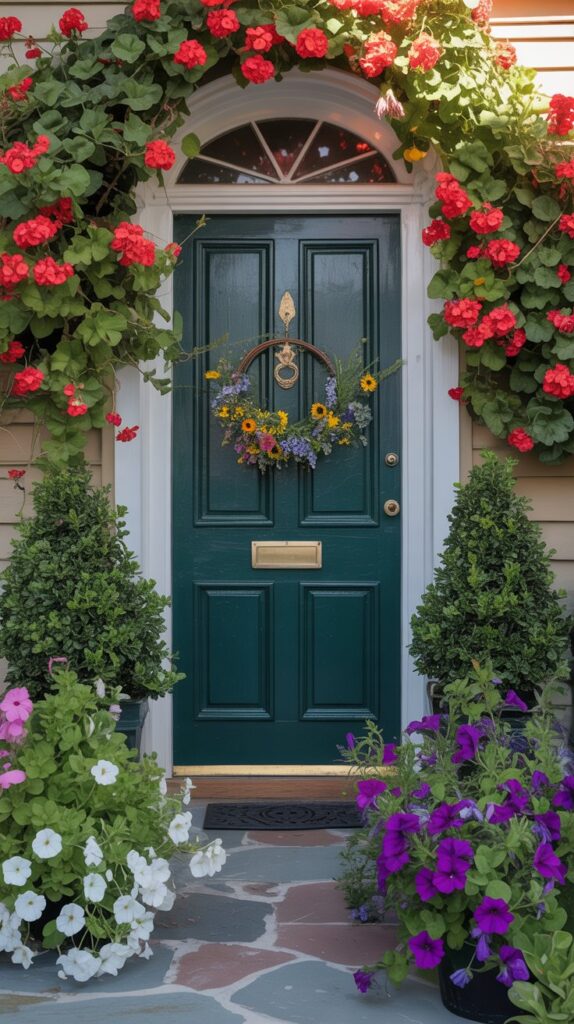 A front door entryway with colorful flower beds and neatly trimmed shrubs framing the entrance.