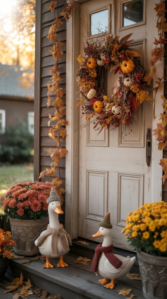A front door decorated for the season with a wreath, colorful flowers, and playful duck decorations.