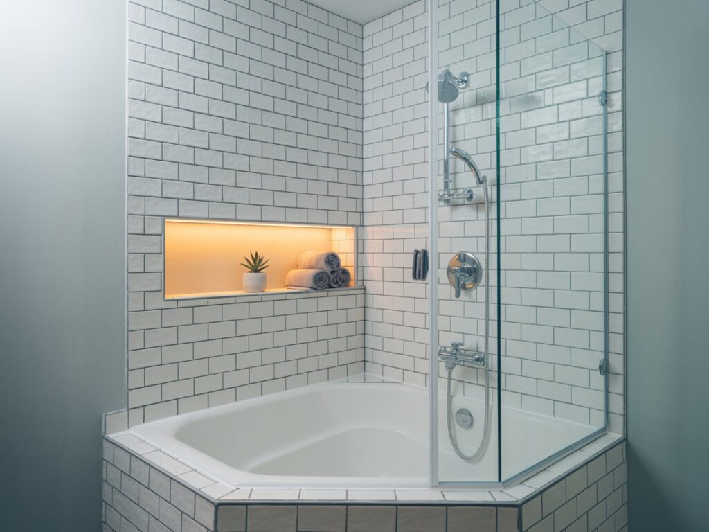 Tub-shower combo with built-in vertical storage niches for small bathrooms Corner tub and shower combo maximizing space in a tiny bathroom