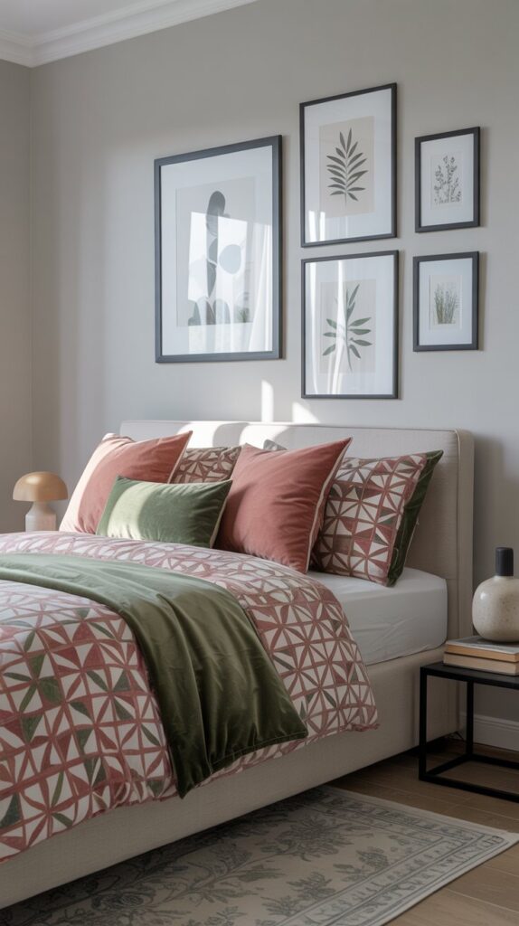 A contemporary bedroom with pink and green geometric patterned bedding, botanical wall art, and minimalist furniture.