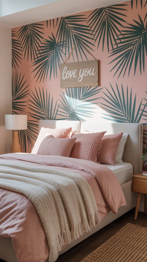 A vibrant bedroom with palm leaf prints on the wall, pink bedding, and a 'Love you' sign.