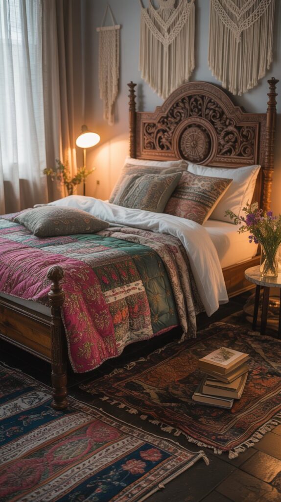 A vibrant pink and green bohemian style bedroom with layered textiles and eclectic decor.