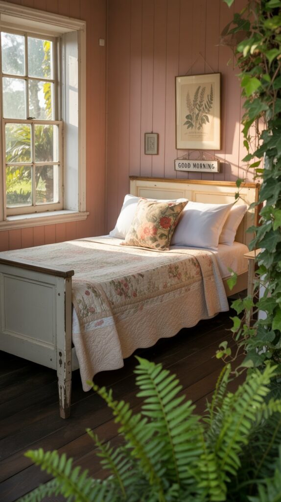 A rustic farmhouse bedroom featuring pink walls, a wooden bed, and greenery.