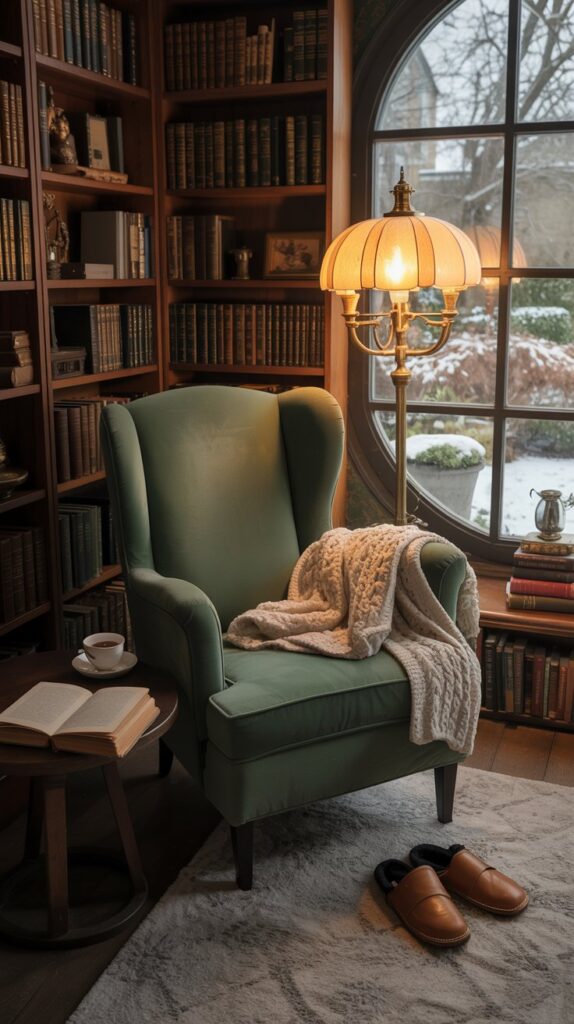 Cozy reading alcove with bookshelves, a soft chair, and warm lighting.