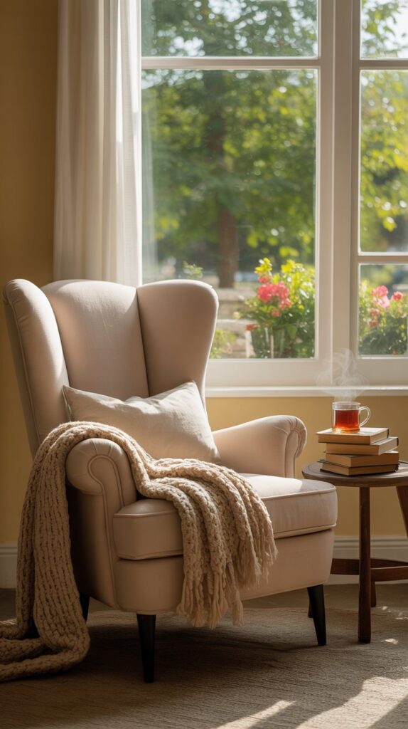 Cozy reading nook with a comfortable chair, large windows, and a view of nature.