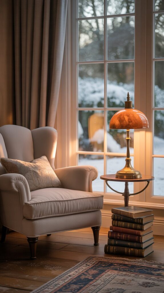 Cozy reading nook with a comfortable chair, a stack of books, and a lamp beside a window.