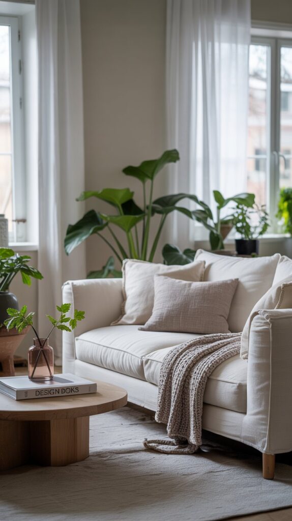 A Scandinavian living room featuring a white sofa, indoor plants, and a coffee table.