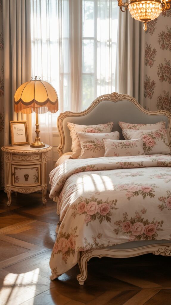 A vintage bedroom with floral wallpaper and bedding featuring pink roses, wooden furniture, and a golden chandelier.
