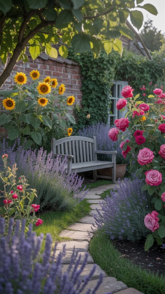 A vibrant garden with colorful plants and a stone path.