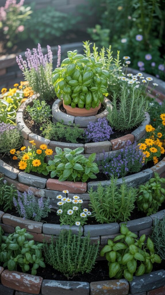 A vibrant herb spiral garden filled with various herbs and plants.