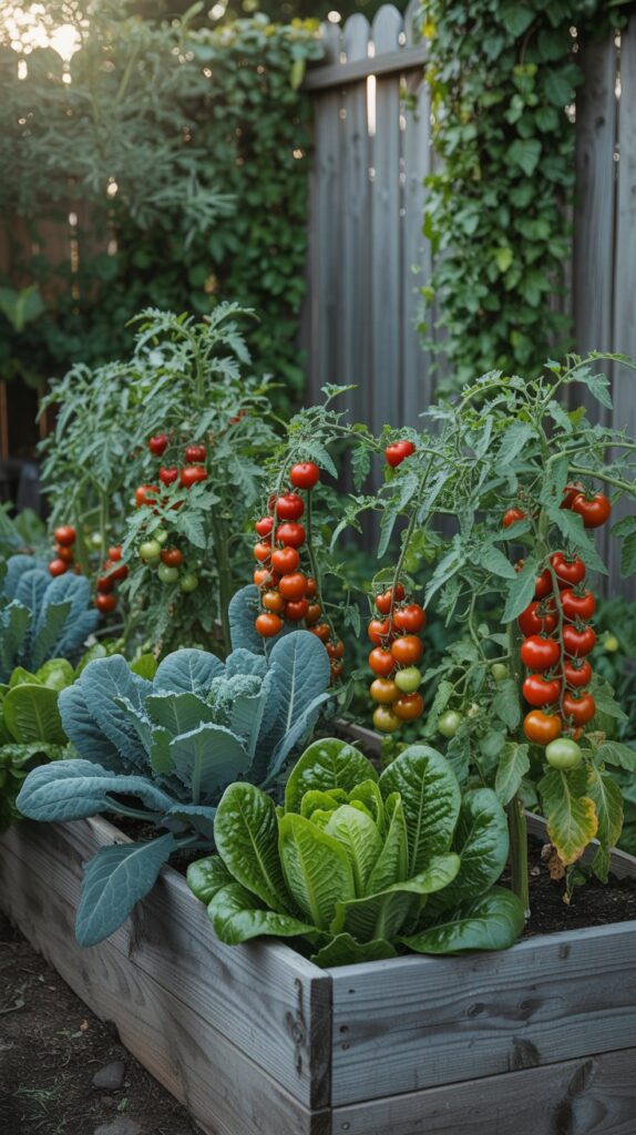 A vibrant raised bed vegetable garden filled with various vegetables including tomatoes, lettuce, and greens.