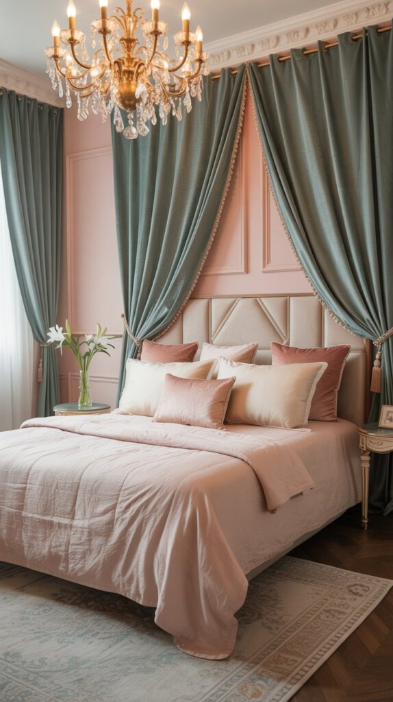A chic bedroom featuring pink walls, green curtains, and gold accents with a stylish bed and elegant chandelier.