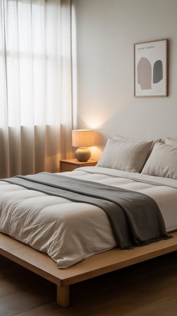 A minimalist bedroom with clean lines, featuring a bed with soft blankets, a bedside table, and natural light.