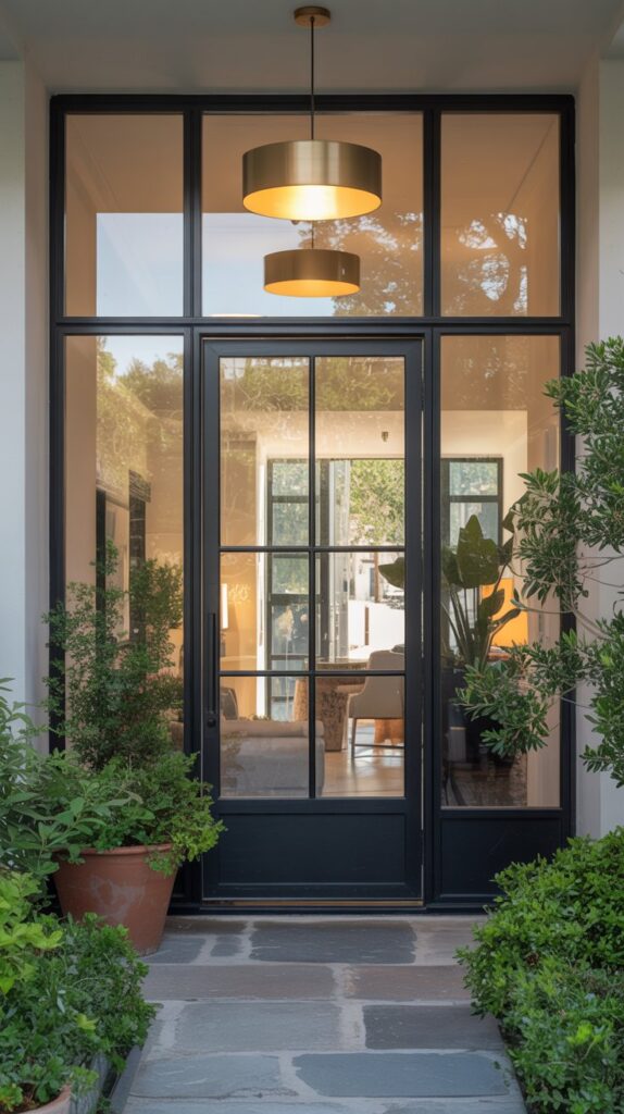 Modern glass panel front door with large windows and a pendant light