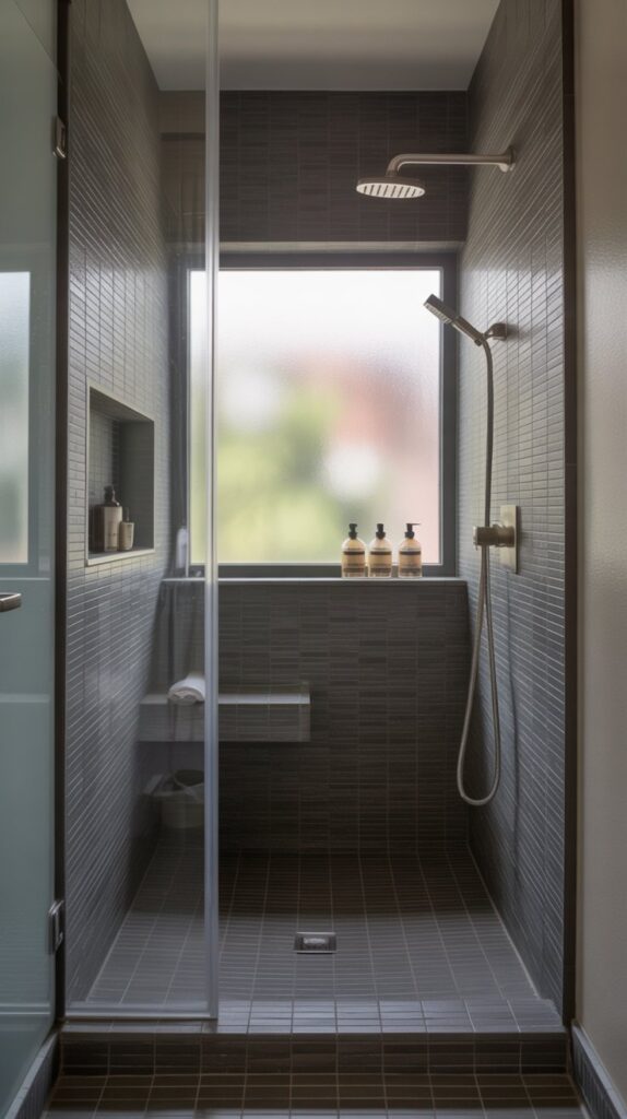 A modern small bathroom featuring a sleek shower area with dark tiles and a glass panel.
