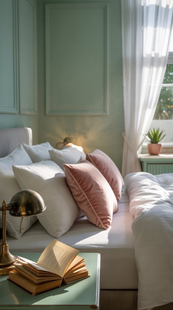 A serene bedroom with mint green walls, a cozy bed with pink pillows, and natural light illuminating the space.