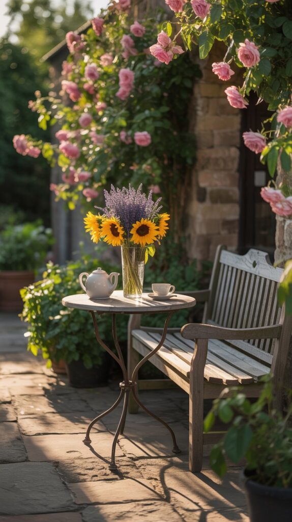 A cozy garden seating area with a wooden bench, small table, and vibrant flowers.