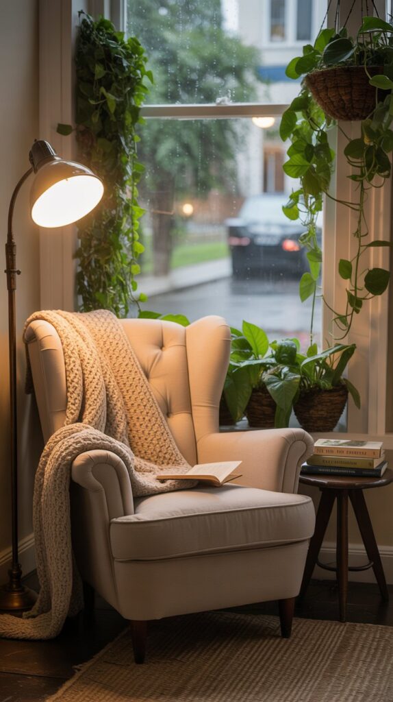 A cozy reading nook with a comfortable chair, plants, and a window.