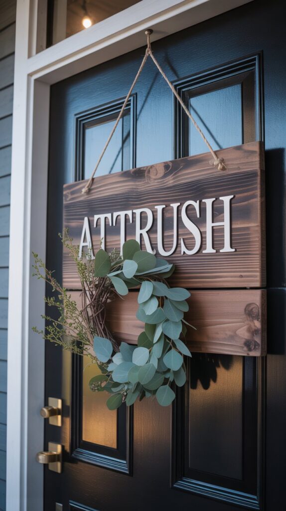 A personalized wooden welcome sign above a black front door, featuring the name 'ATTRUSH.'