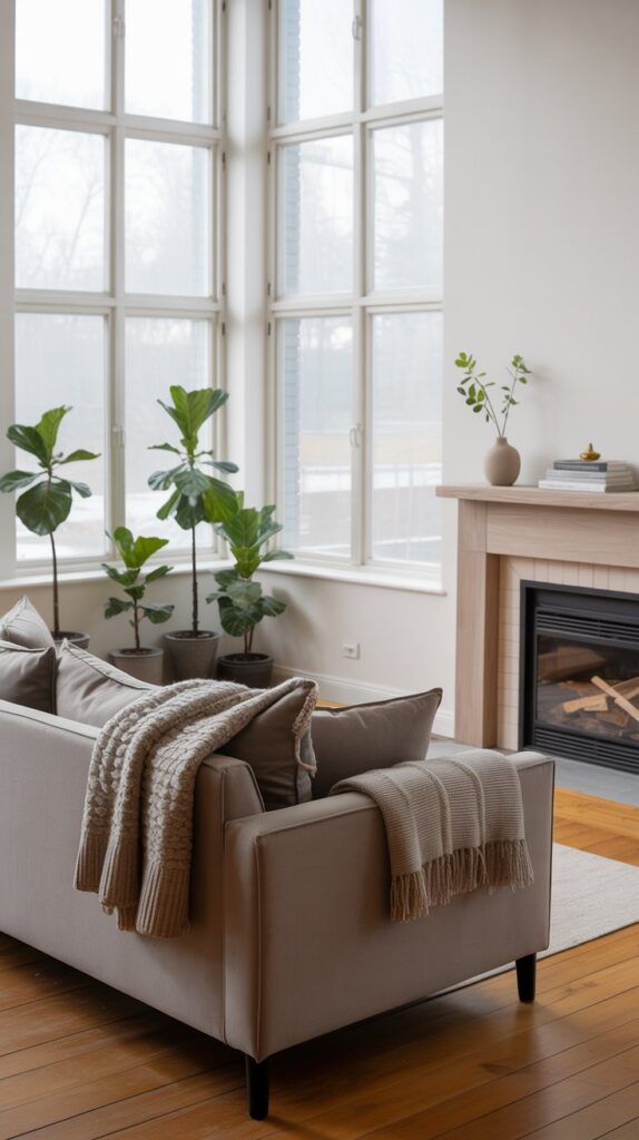 A Scandinavian living room featuring warm wood accents, a cozy sofa, and potted plants.