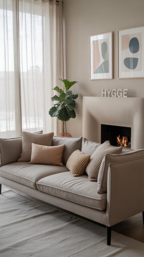 A stylish Scandinavian living room featuring artistic wall art, a cozy sofa, and natural elements.