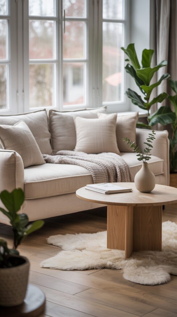 A Scandinavian living room featuring a neutral sofa, round coffee table, and wooden flooring with plants.