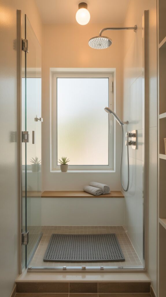 A small Scandinavian-style bathroom featuring functional shower mats, a modern shower, and minimalist decor.