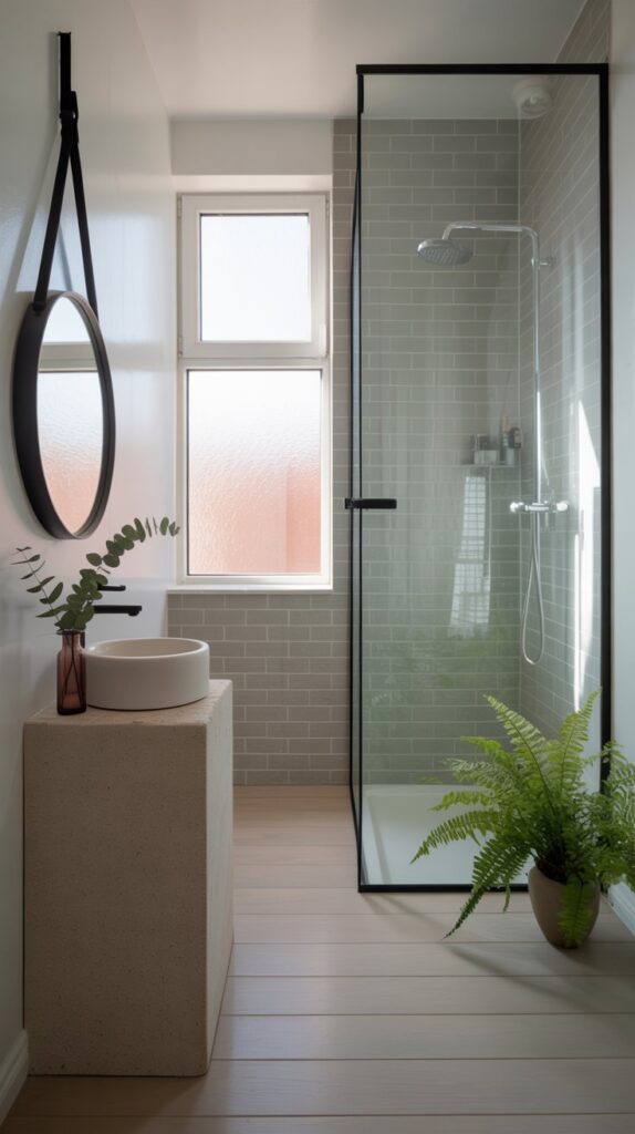 A small Scandinavian-style bathroom featuring a shower, plants, and a round mirror.