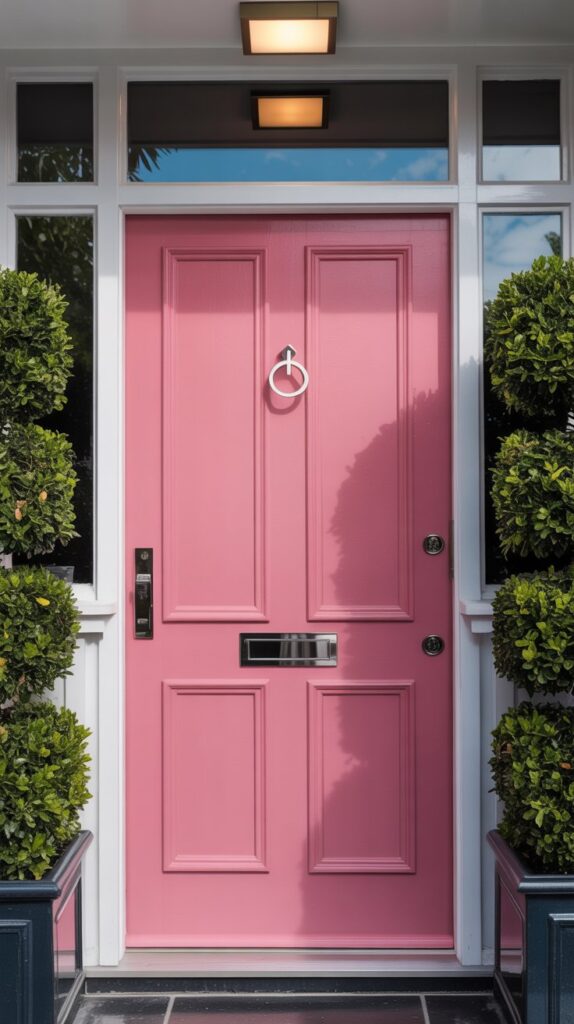 A sleek modern front door painted in vibrant pink with simple paneling and shiny hardware.