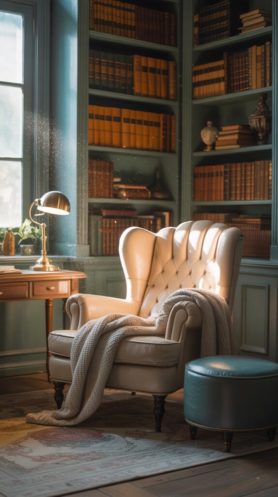 A cozy home office reading nook with a comfortable chair, ottoman, and bookshelves