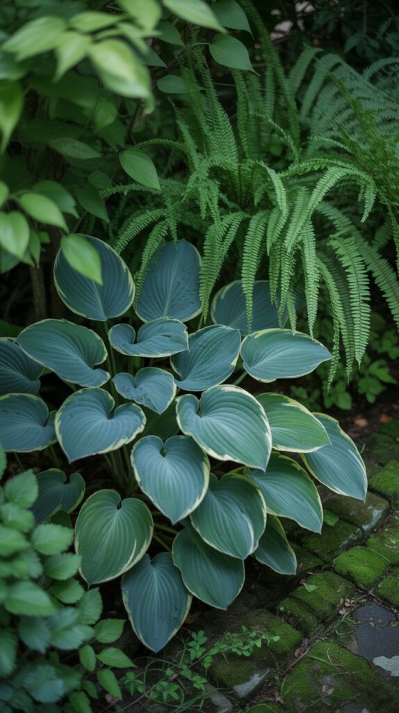 A lush shade garden featuring vibrant ferns and hostas.