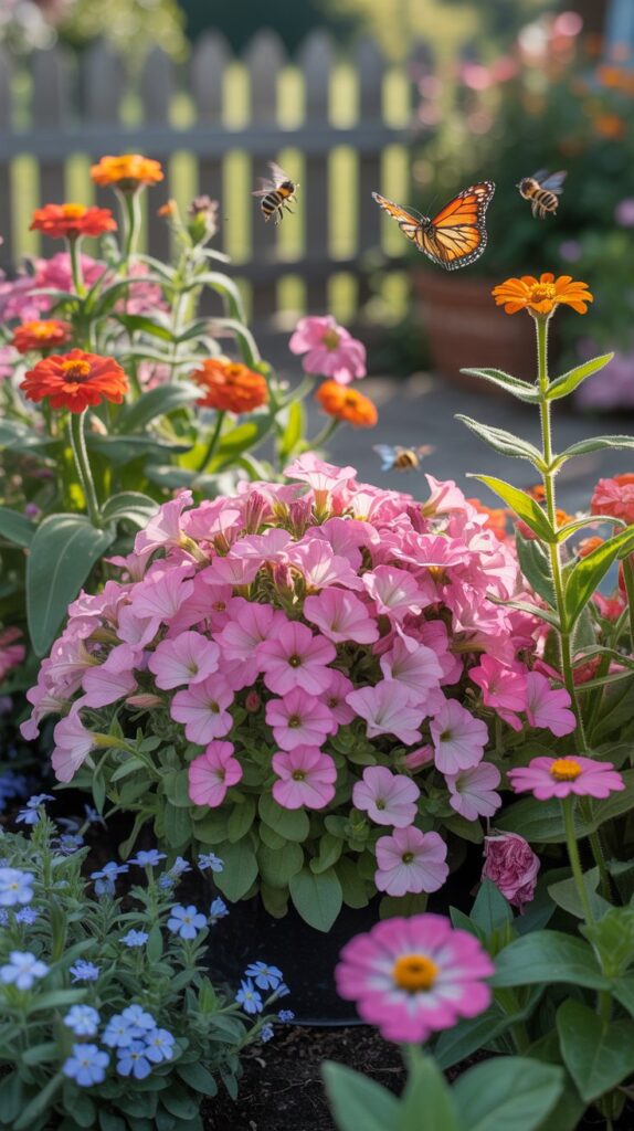 A colorful flower bed filled with pink, orange, and blue flowers, with bees and butterflies fluttering around.