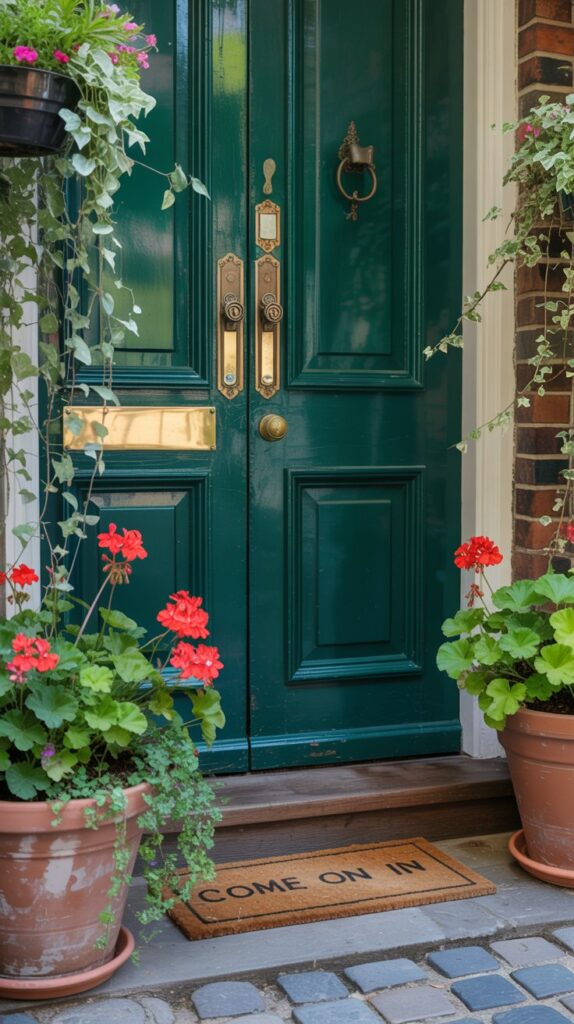 A green front door with potted plants and a decorative mat.