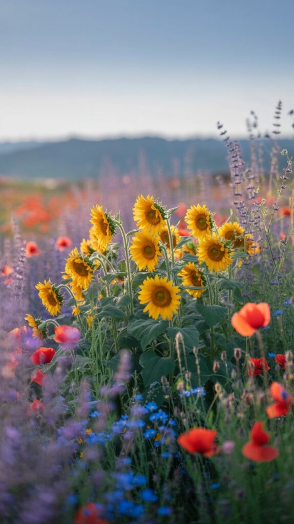 A colorful wildflower meadow with various flowers blooming under a clear blue sky.