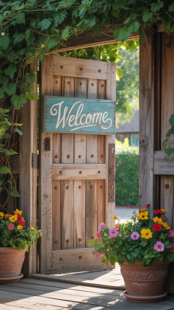 A rustic barn door framed by greenery and planters, showcasing a charming entryway.
