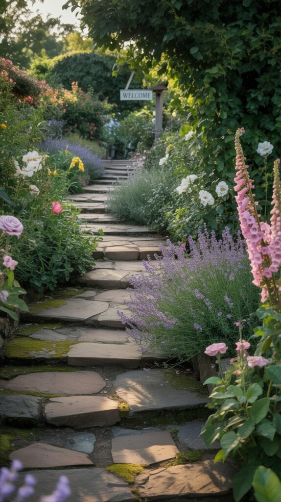 A winding garden pathway made of natural stone, surrounded by colorful flowers and lush greenery.