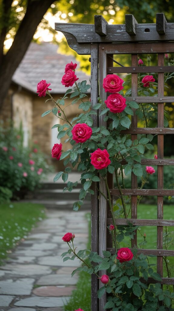 A wooden trellis with climbing plants in a garden.