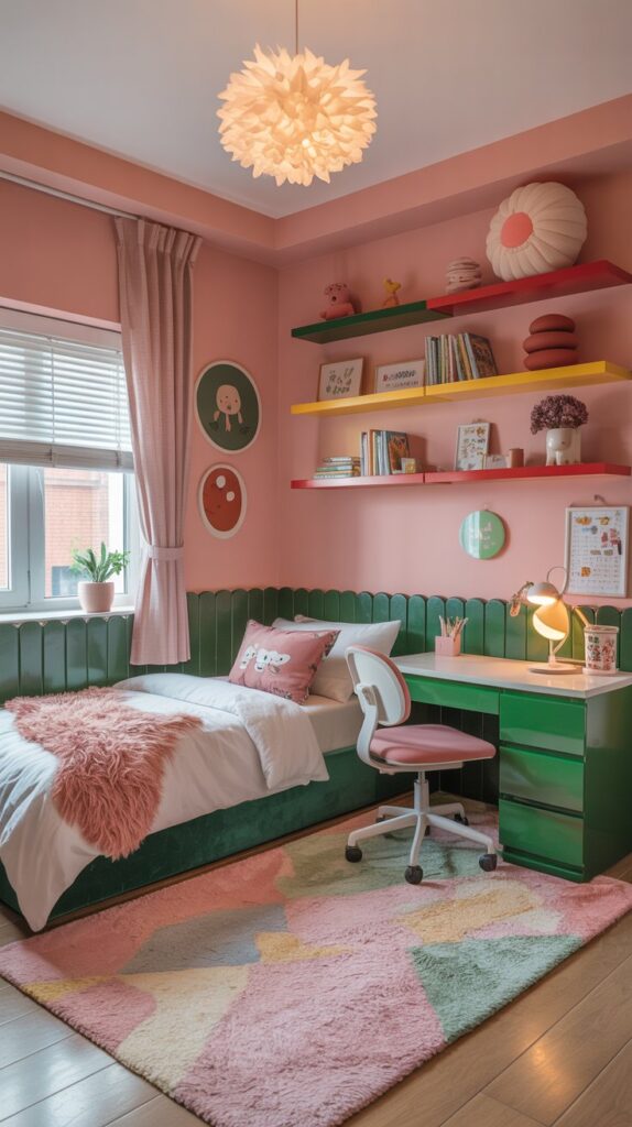 A playful child's bedroom decorated in pink and green with a cozy rug, desk, and colorful shelves.