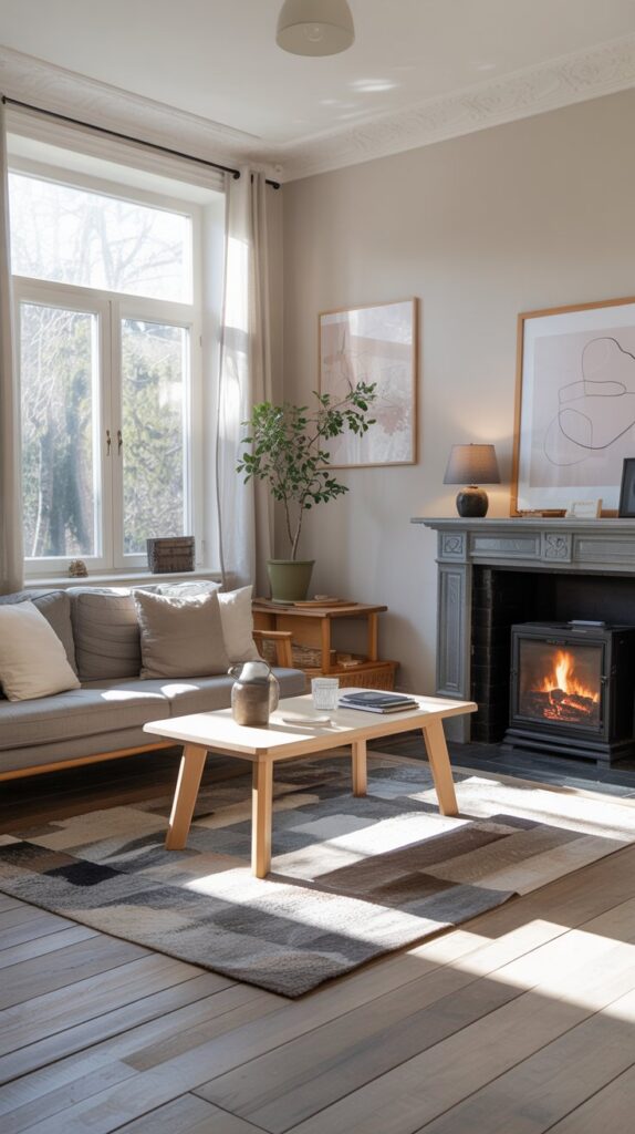 A Scandinavian living room featuring a cozy sofa, wooden coffee table, and a fireplace, with natural light streaming in.